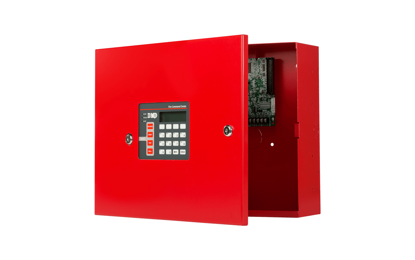 DMP XR150FC fire control panel in a red enclosure with a built-in LCD fire command center keypad showing silence, reset, test and drill keys