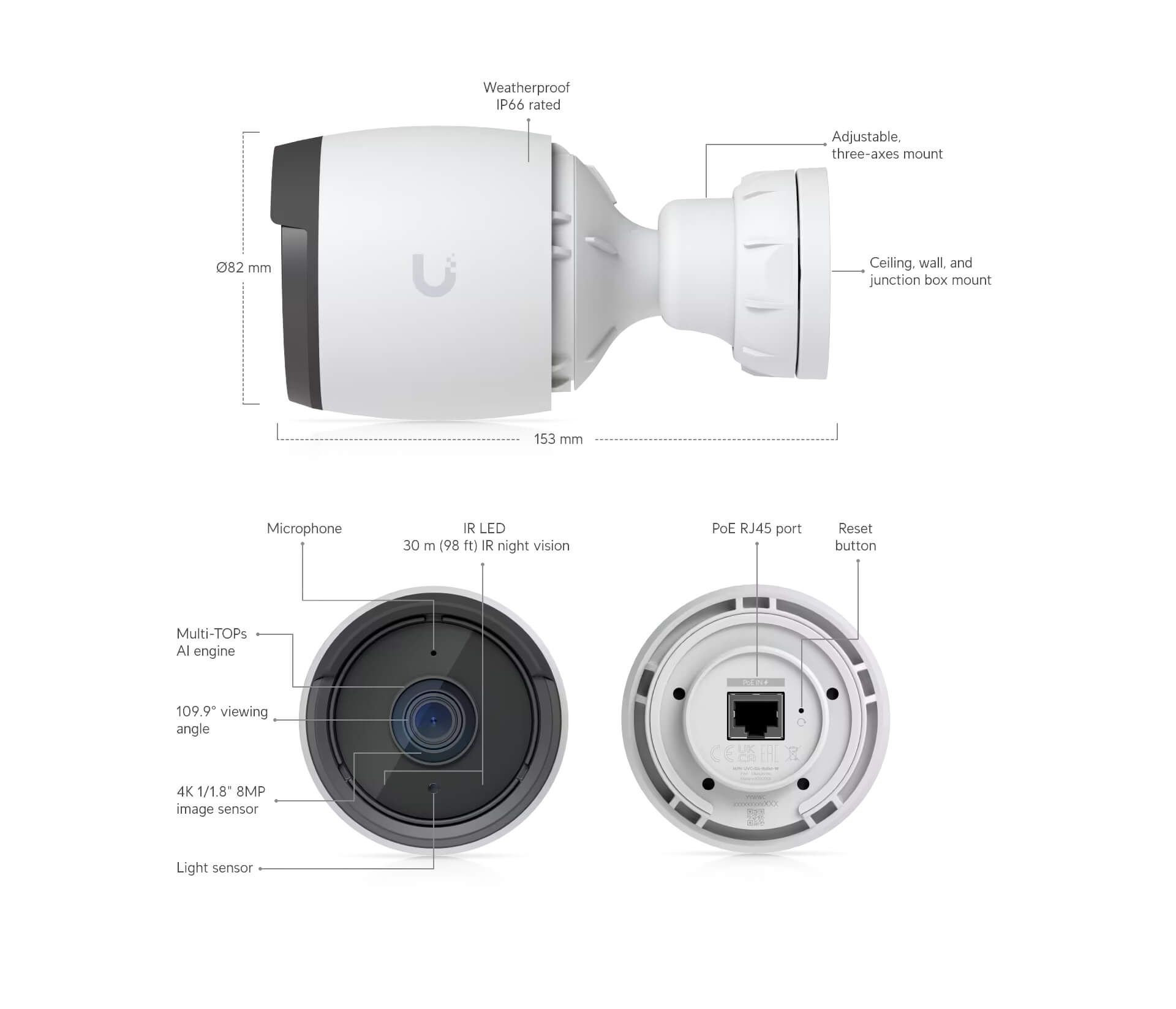UniFi Protect G6 Bullet 4K camera, front and side views with dimensions