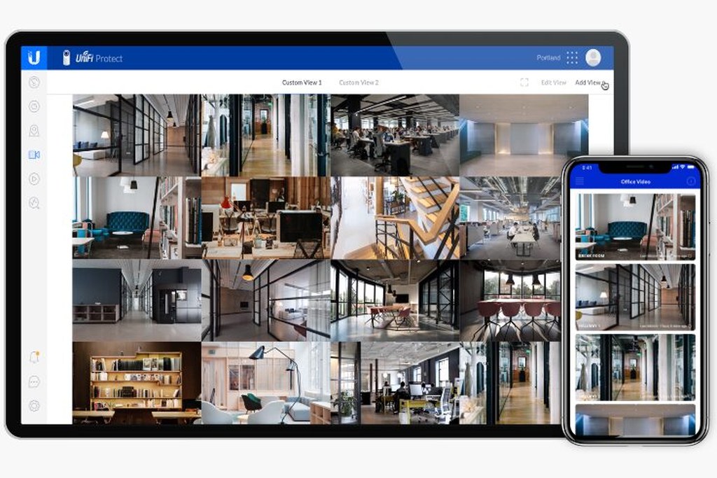 UniFi Protect app showing live residential security camera views on a tablet and smartphone